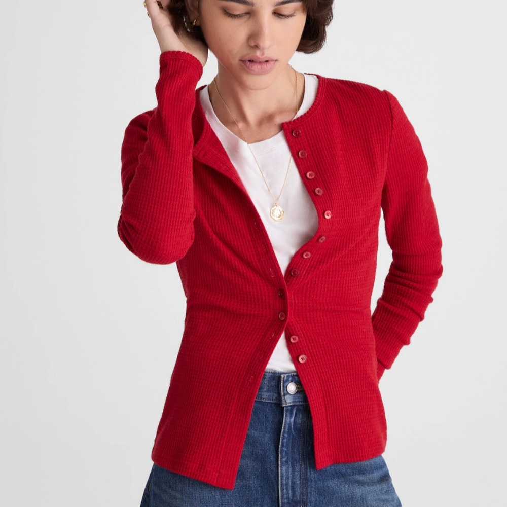 NWT Madewell Waffle-Knit Cutaway Crewneck Cardigan Size Medium